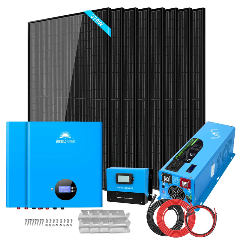 Sungold Power Off-grid Solar Kit 6000W 48VDC 120V/240V Lifepo4 10.48KWH Power Wall Lithium Battery 8 X 370 Watts Solar Panels SGR-6KL48S